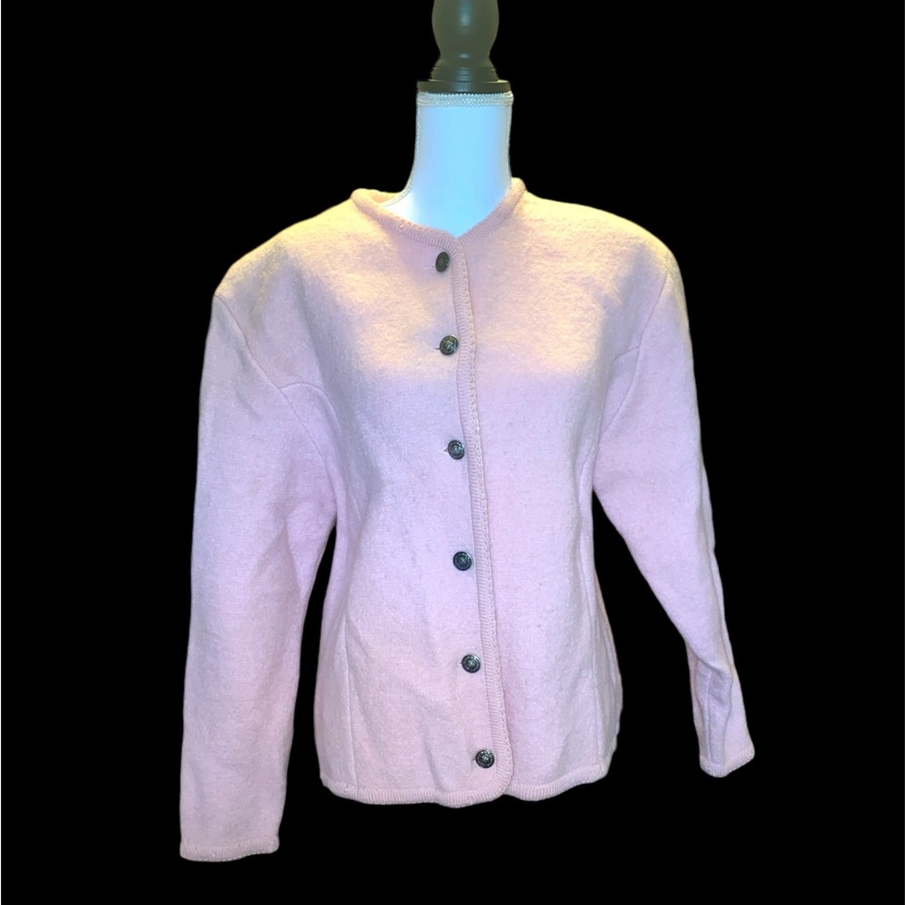 Tally Ho Size Large Vintage Pink Cardigan 100% Boiled Wool Flawed Princess Seams